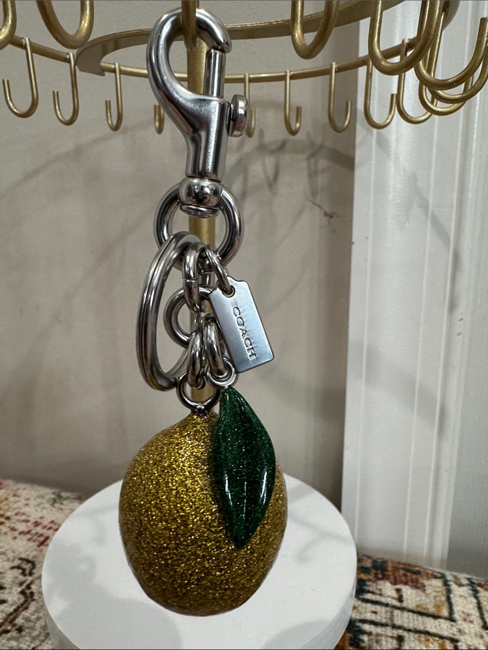 Coach Glitter Lemon Ornament Keyring in Gold and Green